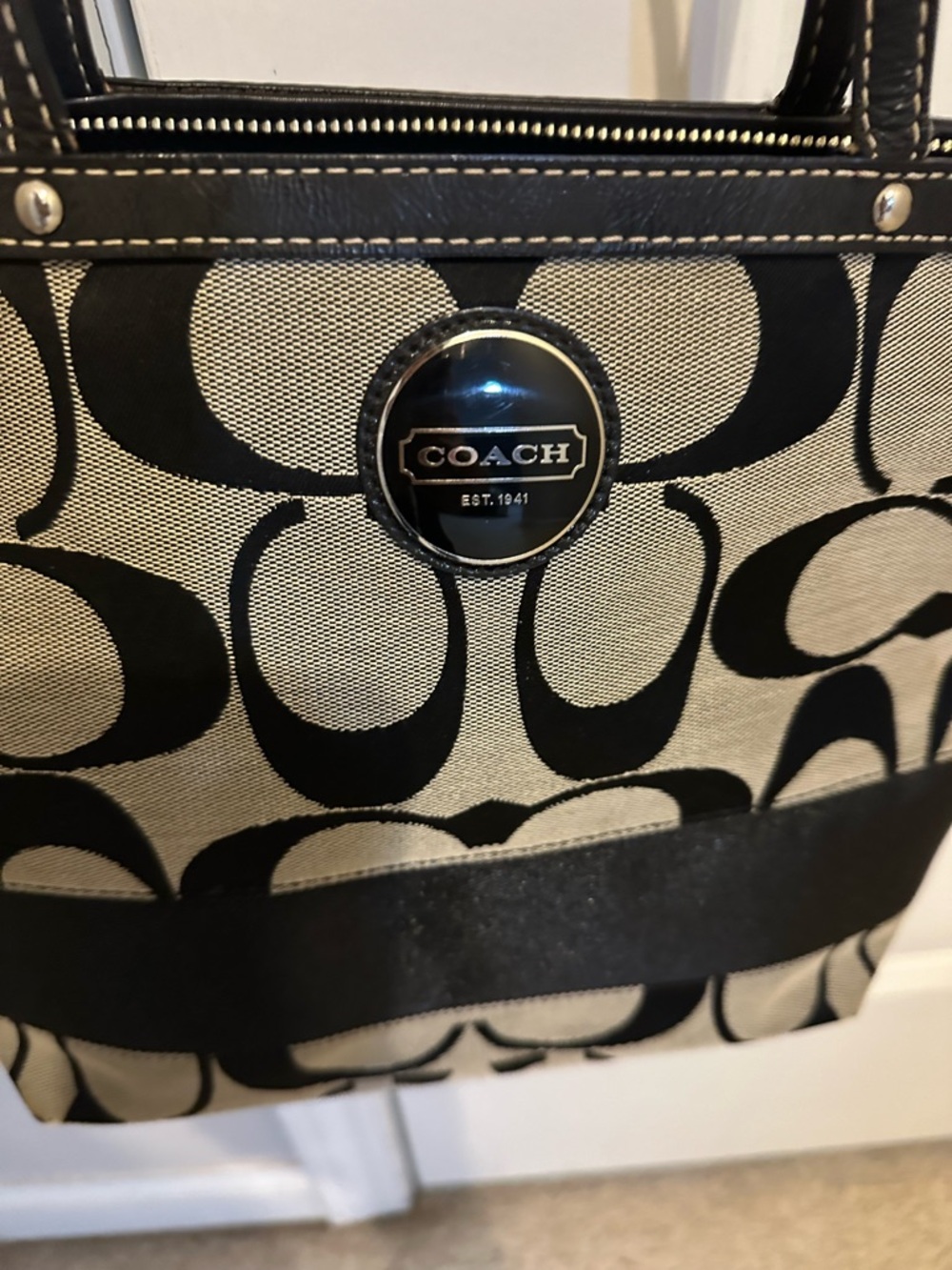 Coach Black and Tan Signature Canvas Tote - Picture 4 of 12